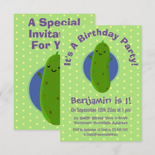 Cute green pickle komkommer cartoon illustratie kaart (Voorkant / Achterkant)