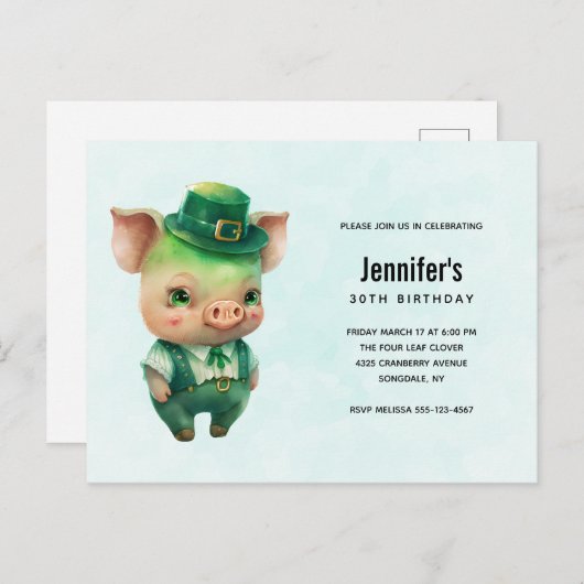Cute Green Pig in Fancy Attire Birthday Party Uitnodiging Briefkaart (Voorkant / Achterkant)