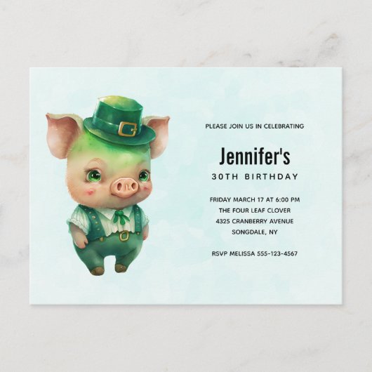 Cute Green Pig in Fancy Attire Birthday Party Uitnodiging Briefkaart (Voorkant)