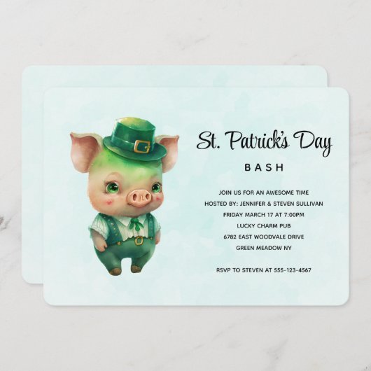 Cute Green Pig St. Patrick's Day Party Kaart (Voorkant / Achterkant)
