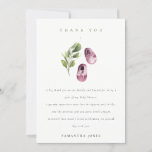 Cute Green Pink Girl Shoes Foliage Baby shower Bedankkaart