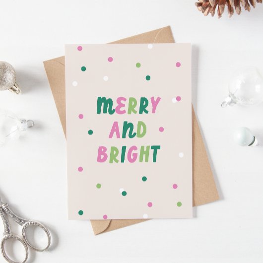 Cute Green Pink Merry & Bright Confetti Christmas Feestdagen Kaart