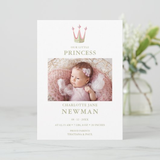 Cute Green Pink Princess Crown Photo Baby Newborn Aankondiging (Staand voorkant)