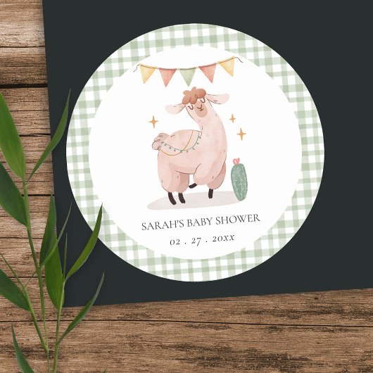 Cute Green Play Cactus Boho Llama Baby shower Ronde Sticker