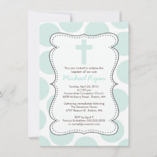 Cute Green Polka Dots Cross Baptism Invitation Kaart