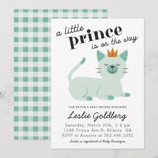 Cute Green Prince Kitty Cat Baby shower Kaart (Voorkant / Achterkant)