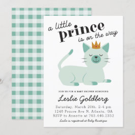 Cute Green Prince Kitty Cat Baby shower Kaart