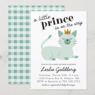 Cute Green Prince Kitty Cat Baby shower Kaart