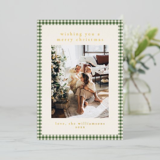 Cute Green Pset Portret Foto met kerstmis Gold Folie Feestdagenkaart (Staand Voorkant)