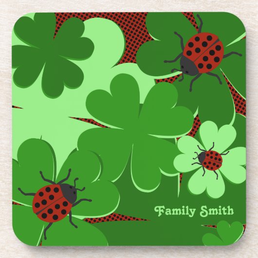 Cute Green Red Ladybug Clover verliest familienaam Bier Onderzetter (Voorkant)