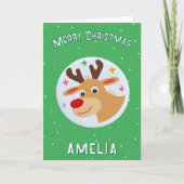 Cute Green Reindeer Kid`s Name Merry Christmas Kaart (Voorkant)