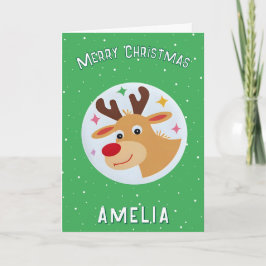 Cute Green Reindeer Kid`s Name Merry Christmas Kaart