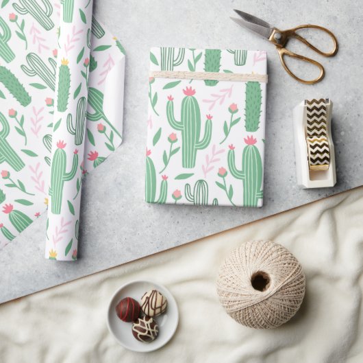 Cute Green, Roze en Gele Cactus Baby shower Cadeaupapier (Crafts)