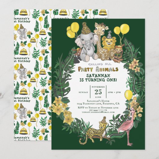 Cute Green Safari Animals Kids Birthday Party Kaart (Voorkant / Achterkant)