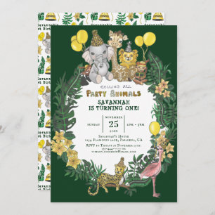 Cute Green Safari Animals Kids Birthday Party Kaart