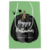 Cute Green Script Pumpkin Happy Halloween Medium Cadeauzakje (Voorkant)