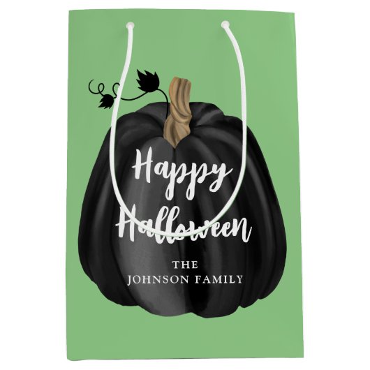 Cute Green Script Pumpkin Happy Halloween Medium Cadeauzakje (Voorkant)