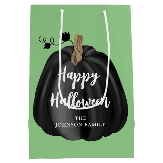 Cute Green Script Pumpkin Happy Halloween Medium Cadeauzakje (Achterkant)