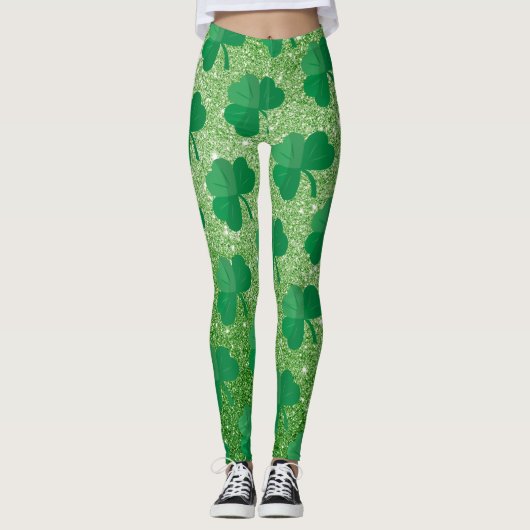 Cute Green Shamrock St Patricks Day Irish Glitter Leggings (Voorkant)