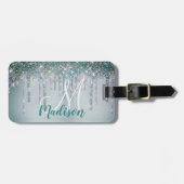 Cute Green Silver Unicorn Glitter Drives monogram Bagagelabel (Voorkant horizontaal)