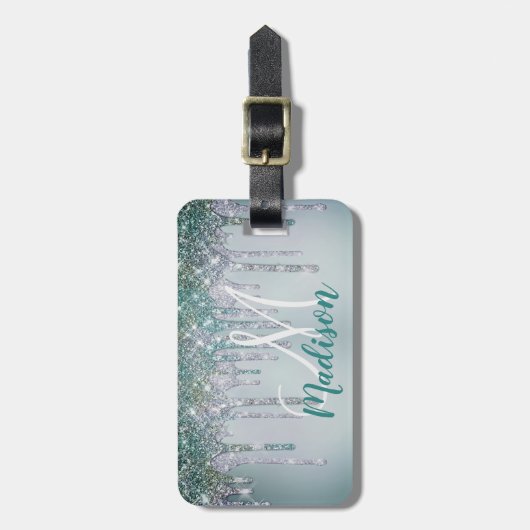 Cute Green Silver Unicorn Glitter Drives monogram Bagagelabel (Voorkant verticaal)
