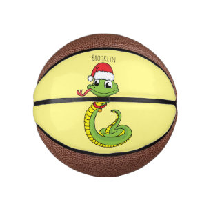 Cute green slang met santa hat cartoon basketbal