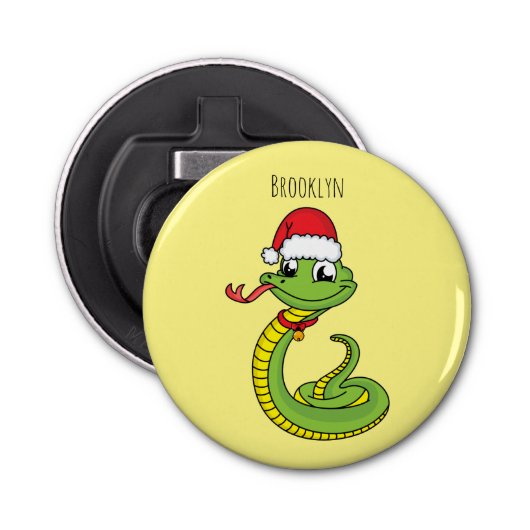 Cute green slang met santa hat cartoon button flesopener (Voorkant)