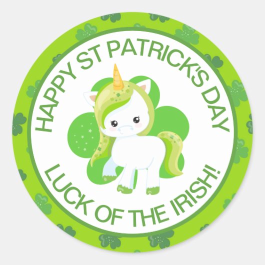 Cute Green Smiling Irish Lucky Unicorn en Clover Ronde Sticker (Voorkant)