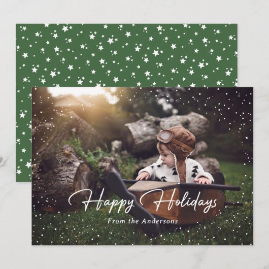 Cute Green Snow Stars Photo Holiday Card Feestdagenkaart (Voorkant / Achterkant)