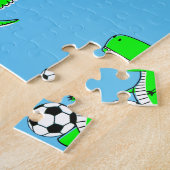 Cute Green Soccer Dino T-Rex op Blue Legpuzzel (Zijkant)