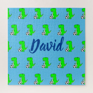 Cute Green Soccer Dino T-Rex op Blue Legpuzzel