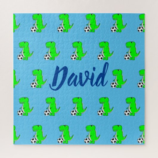Cute Green Soccer Dino T-Rex op Blue Legpuzzel (Verticaal)