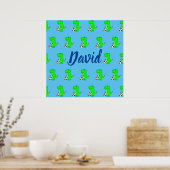 Cute Green Soccer Dino T-Rex op Blue Poster (Keuken)