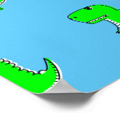 Cute Green Soccer Dino T-Rex op Blue Poster (Hoek)