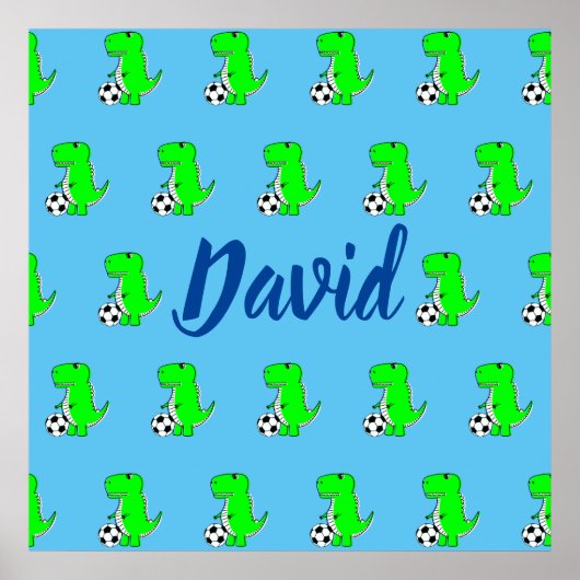 Cute Green Soccer Dino T-Rex op Blue Poster (Voorkant)