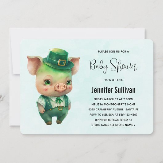 Cute Green St. Patrick's Day Pig Baby shower Kaart (Voorkant)