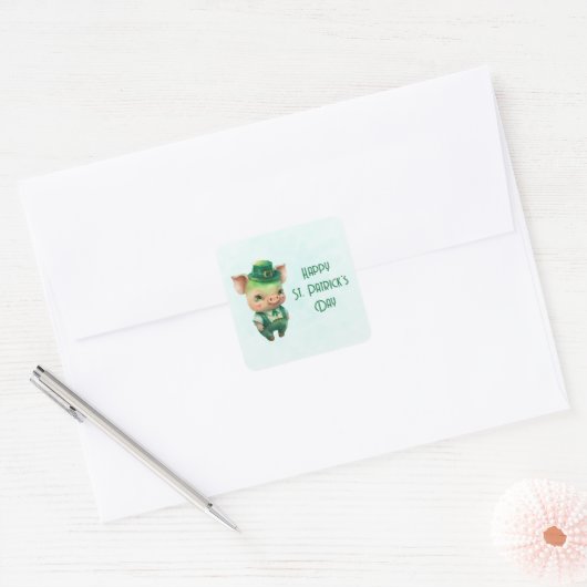 Cute Green St. Patrick's Day Pig Vierkante Sticker (Envelop)