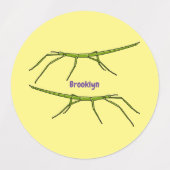 Cute green stick insects with happy faces cartoon labels (Design 2)