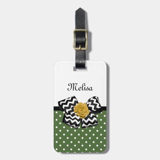 Cute Green Stippen Yellow Rose Chevron Bow and Nam Bagagelabel (Voorkant verticaal)