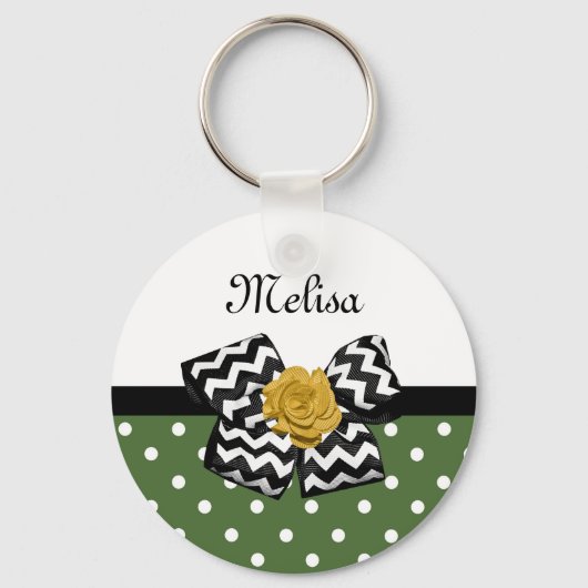 Cute Green Stippen Yellow Rose Chevron Bow and Nam Sleutelhanger (Voorkant)