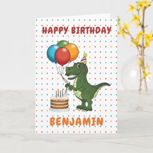 Cute Green T-rex Dinosaur Colorful Happy Birthday Kaart (Gele Bloem)