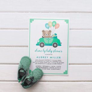 Cute Green Teddy Bear Drive by Baby shower Kaart