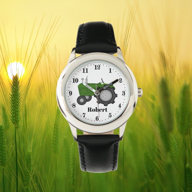 Cute green tractor add name boys horloge (Creator heeft geüpload)