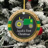 Cute Green Tractor First kerst Faux Wood Keramisch Ornament