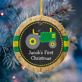 Cute Green Tractor First kerst Faux Wood Keramisch Ornament