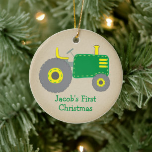 Cute Green Tractor First Kerstkraft Foto Keramisch Ornament