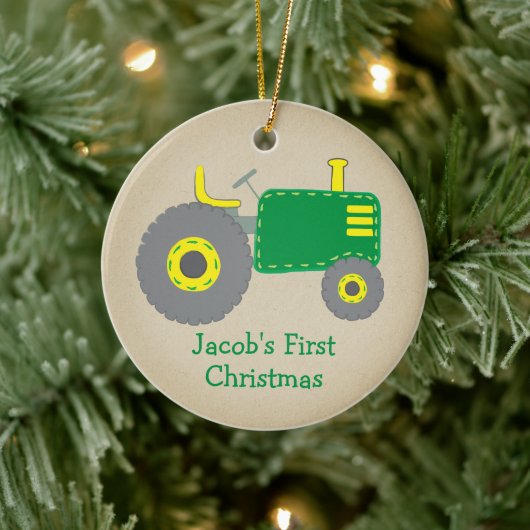 Cute Green Tractor First Kerstkraft Foto Keramisch Ornament (Boom)