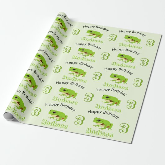 Cute Green Tree Frog Pattern Name Age Birthday Cadeaupapier (Uitgerold)
