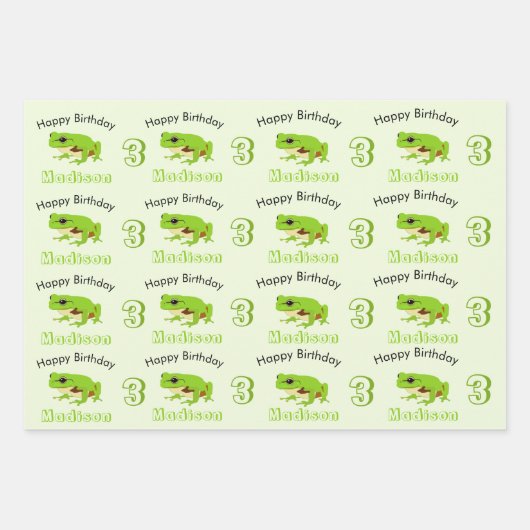 Cute Green Tree Frog Pattern Name Age Birthday Inpakpapier Vel (Voorkant 2)
