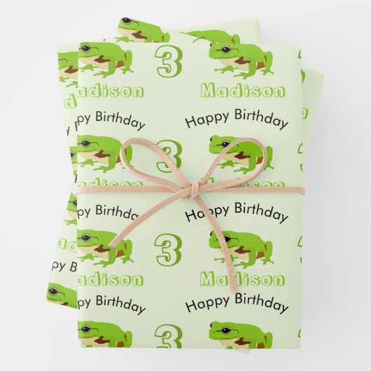 Cute Green Tree Frog Pattern Name Age Birthday Inpakpapier Vel (In situ)